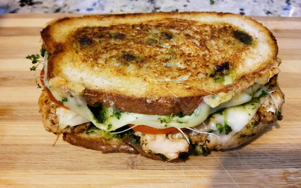 Made a grilled sourdough pesto chicken sandwich.