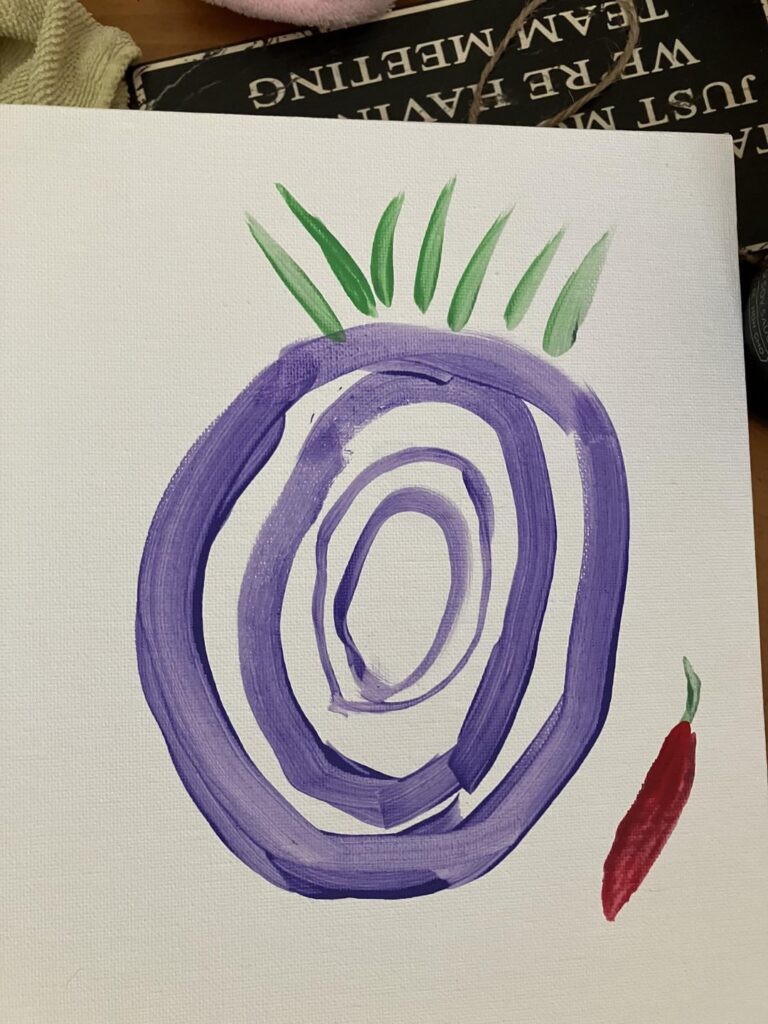 Grandson came over last night. He painted an “onion monster”. I painted a red onion with a pepper.