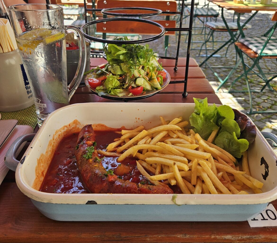 Currywurst in a oven dish