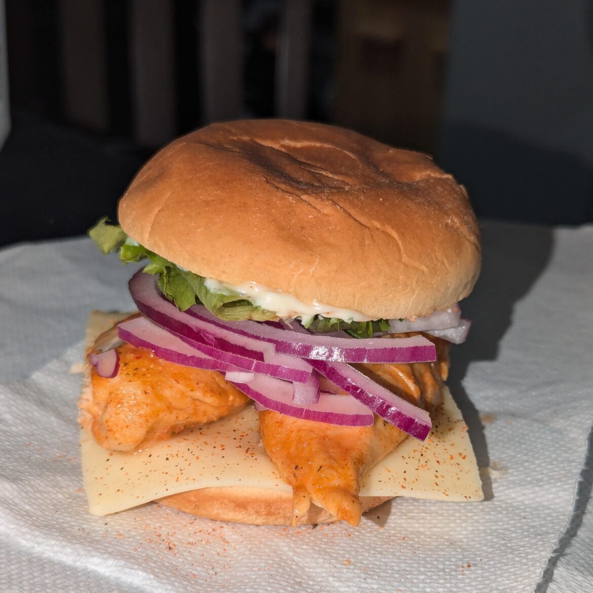 Creole chicken sandwich with my beloved red onions