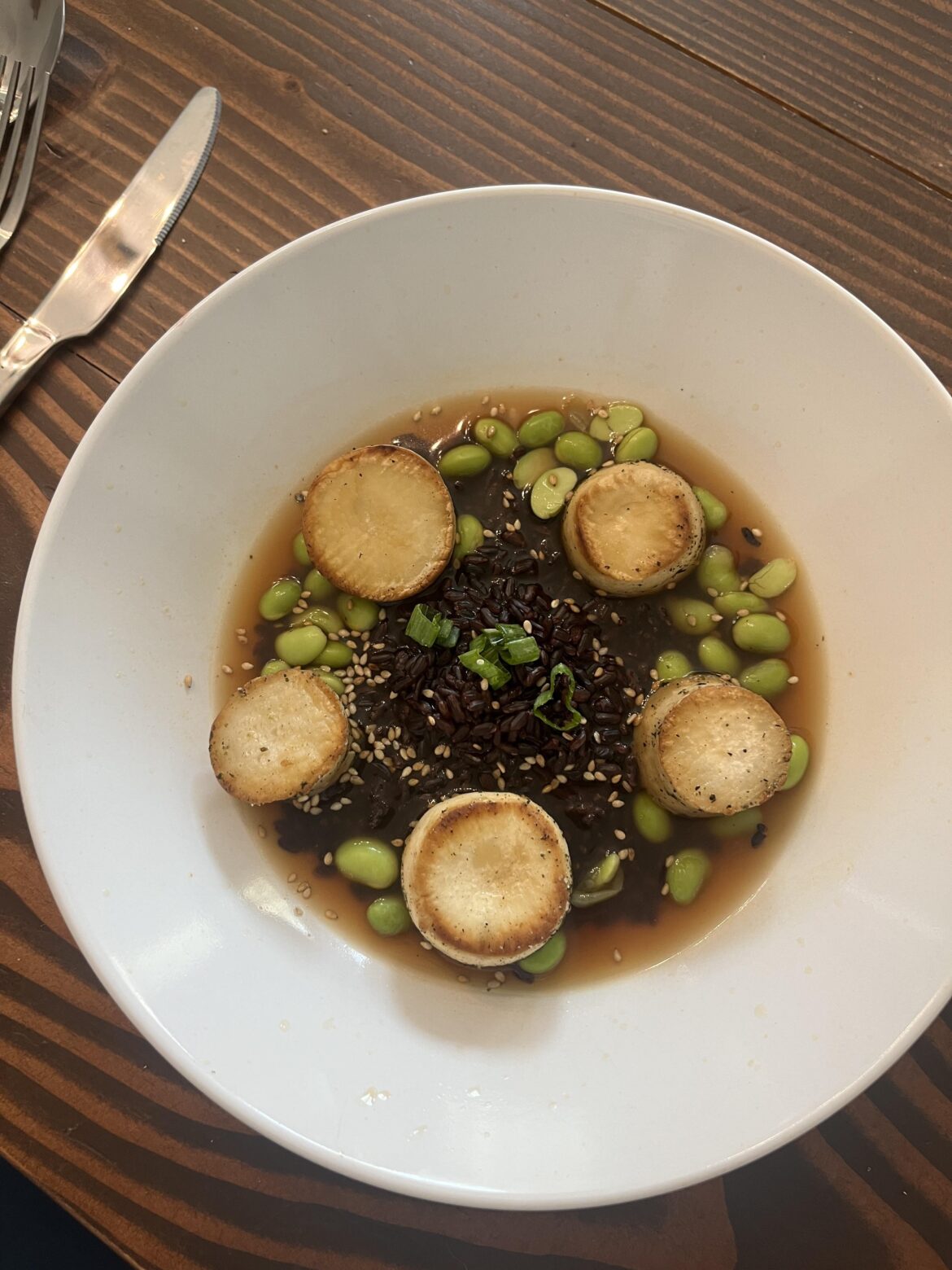 329 cal, 18g protein — mushroom “scallops” and edamame over black rice in ponzu broth