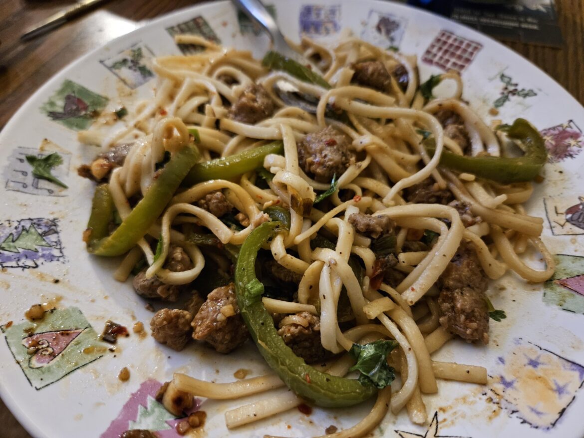 Sweet and spicy pork noodle stir fry