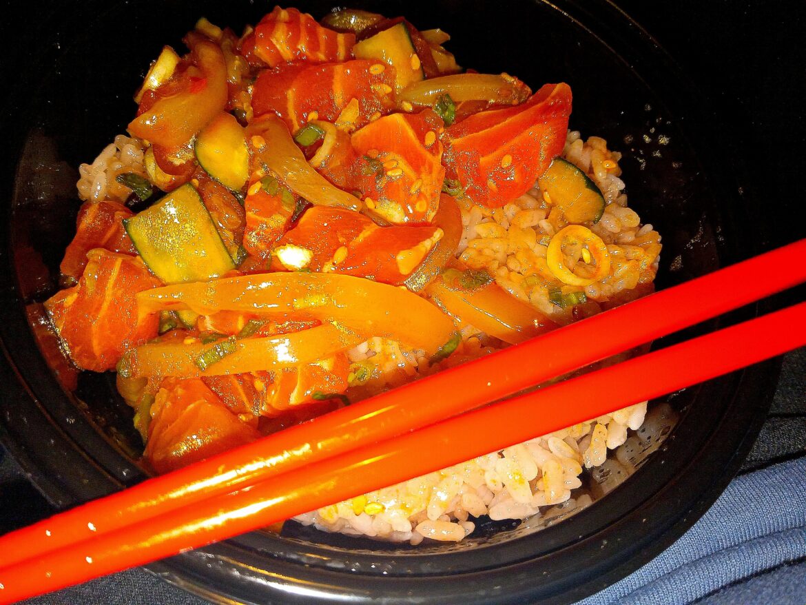 My take on @Eviisole's stunning chili oil salmon poke bowl—thoughts?