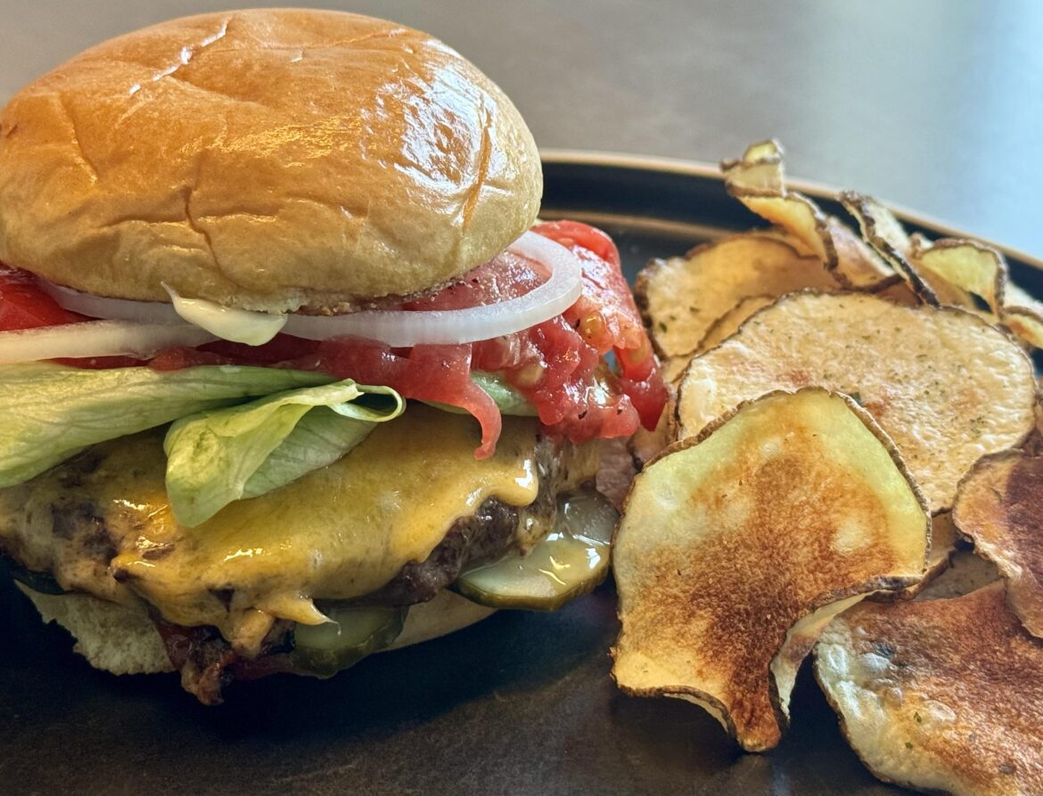Homemade burger, homemade chips