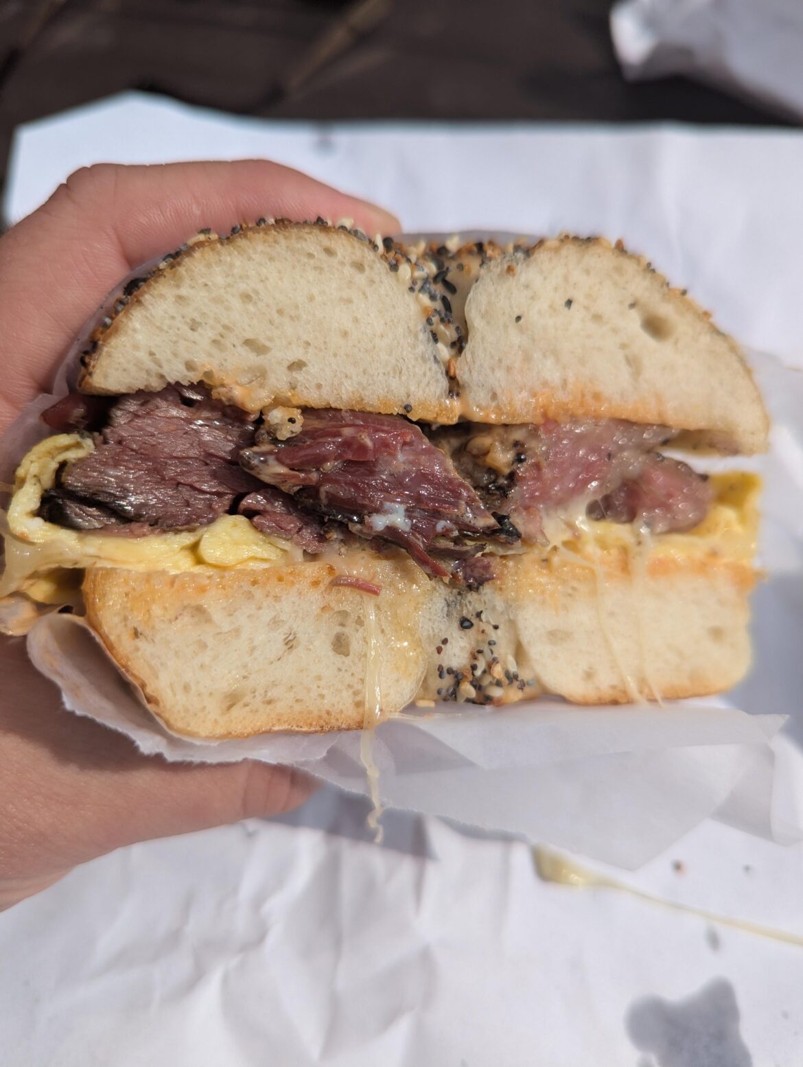 Pastrami, egg, and gruyere at a local bagel shop.