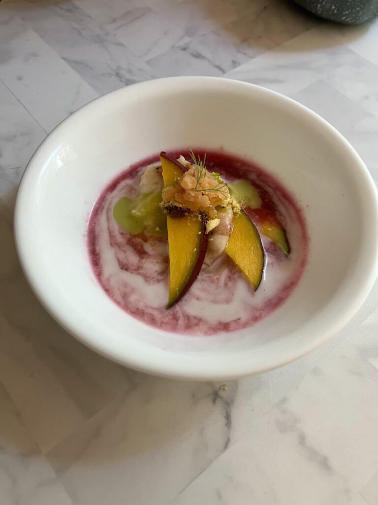 DRAGON | Shrimp, Dragonfruit , Coconut , Green Coconut Mango, Mango kosho, Spicy Sangria Granita, Mango dust