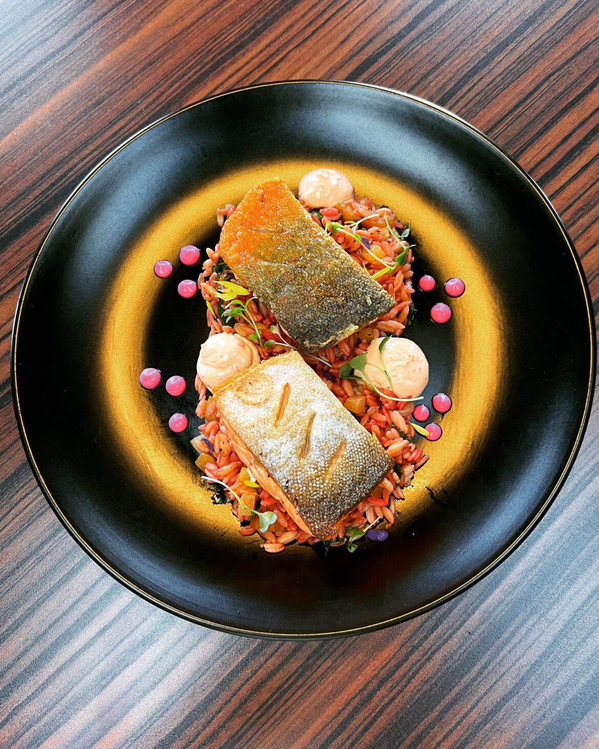 Crispy skin Arctic Char Beetroot Orzo Harissa/Dill Yogurt Roasted Yellow Beet Kale Beet Pure