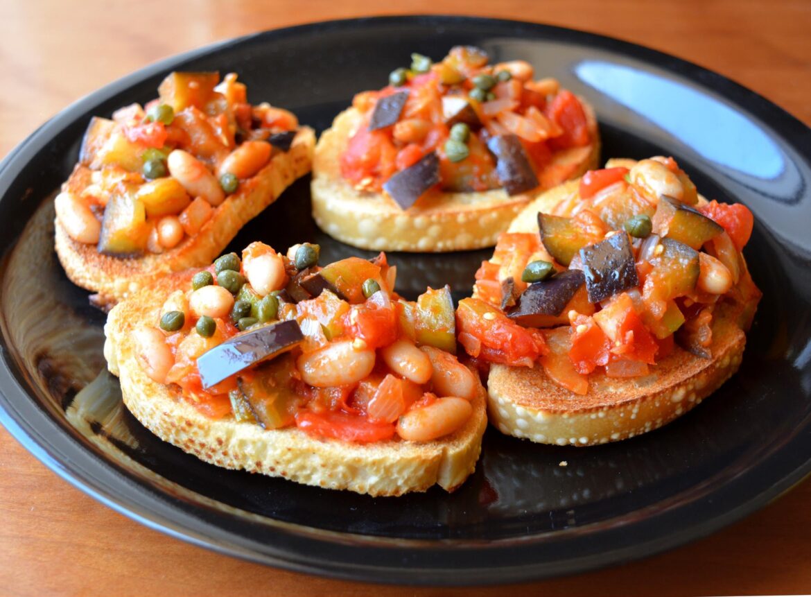 appetizers, only 96 cal ea. Eggplant & white bean caponata crostinis
