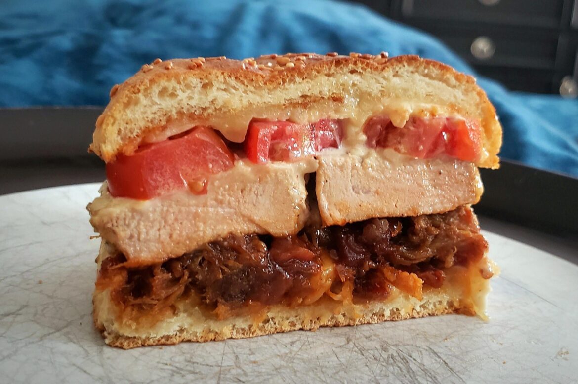 Three Little Porks Sandwich (see caption for details)