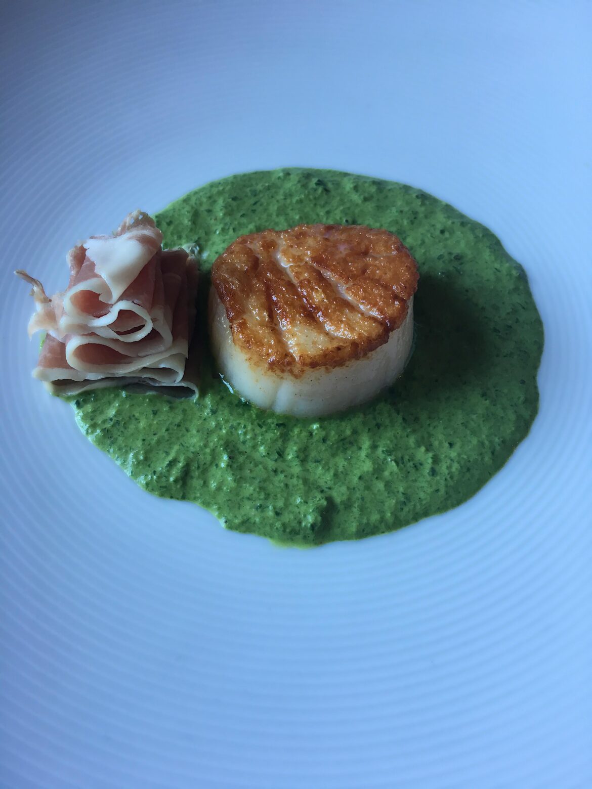 Seared scallop, prosciutto, green pea and herbs