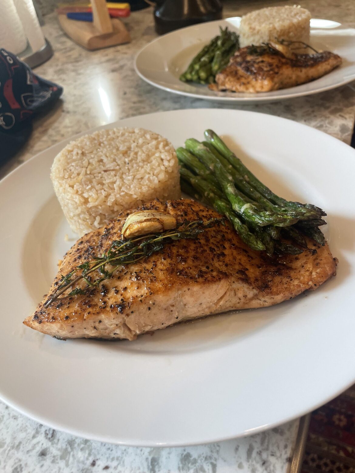 Salmon with toasted rice and asparagus