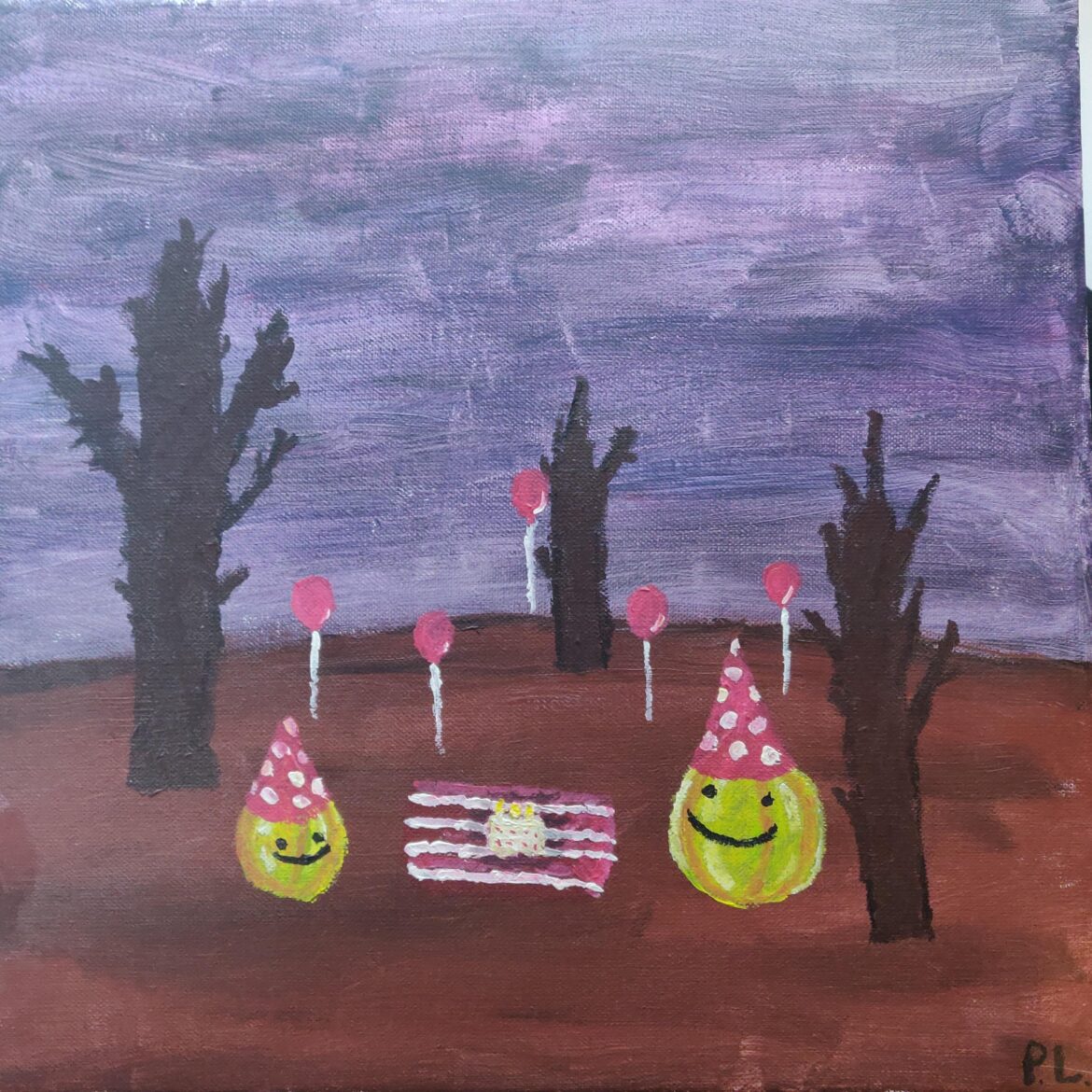 When I was 15 I used to paint onions doing human stuff. This one is onions having a birthday party.