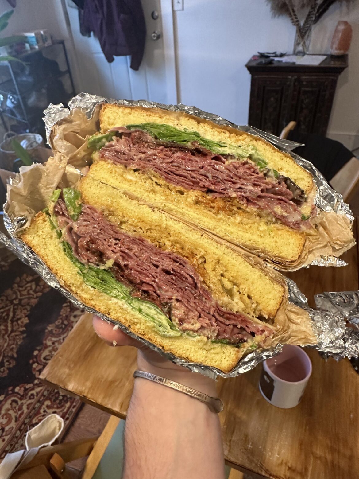 Fried corned beef and cheese sandwich
