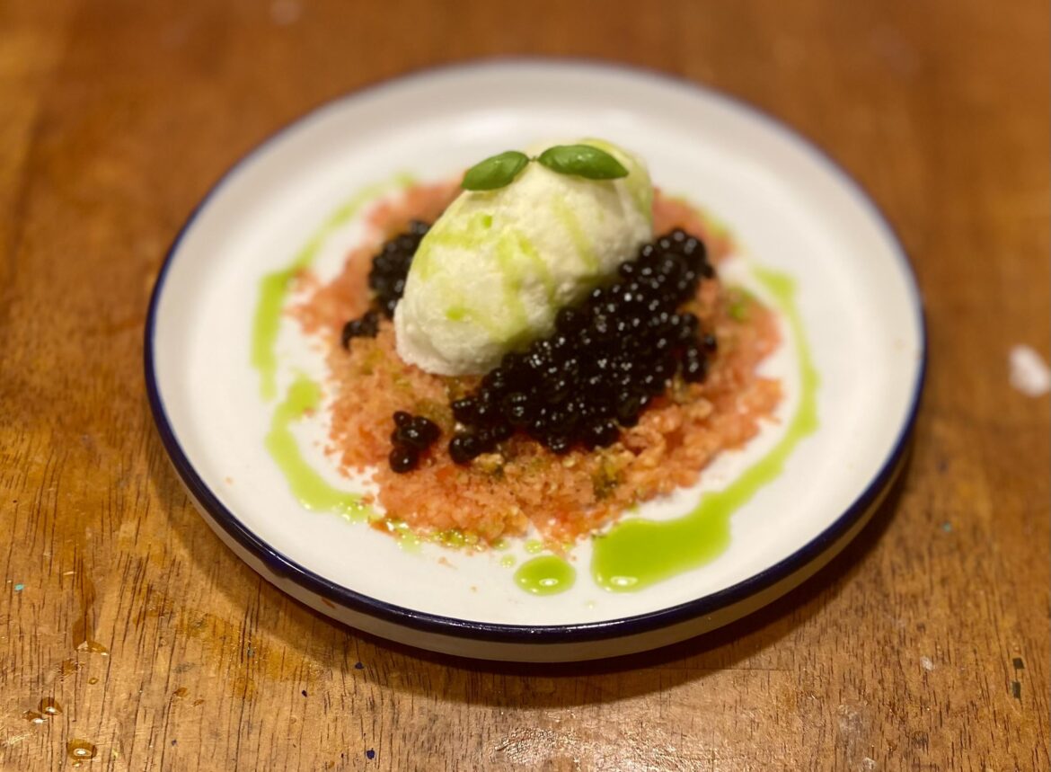 "Caprese salad:" Mozzerella ice cream, shaved frozen tomato, basil oil, balsamic "caviar"