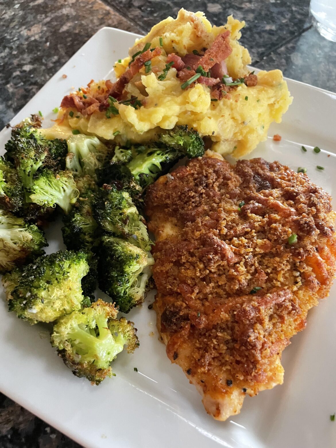 Crispy cheddar chicken with loaded mashed potatoes and roasted broccoli . It’s Sunday dinner for two