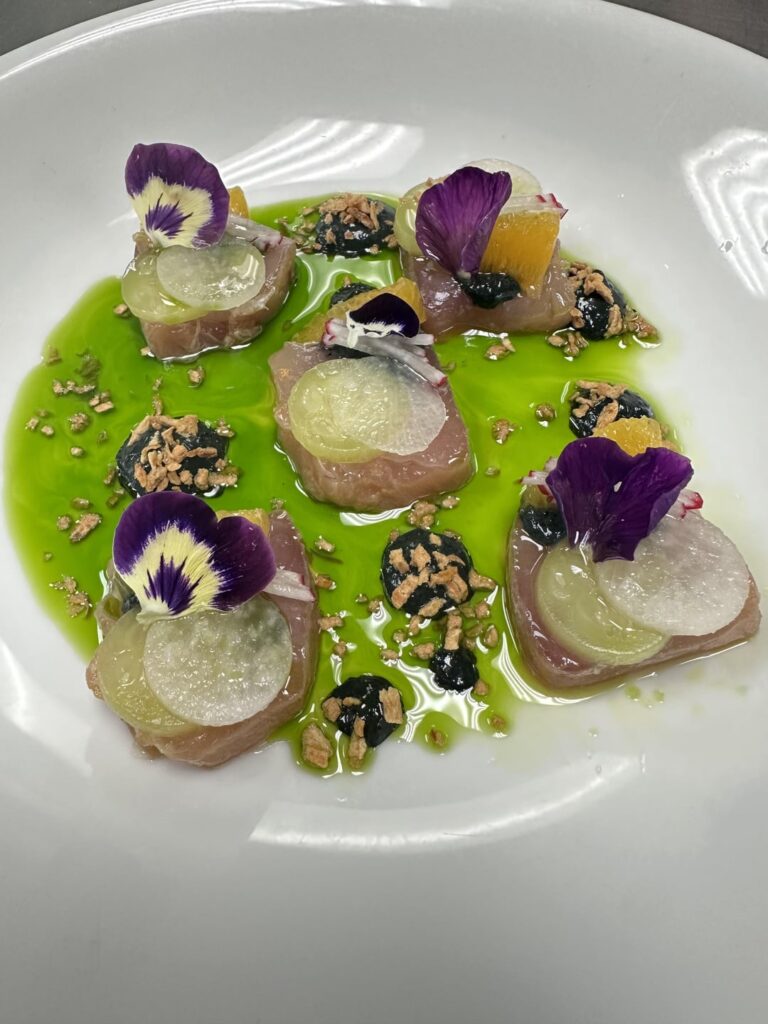 Albacore tuna crudo, katsuobushi, compressed cucumbers & daikon, orange segments