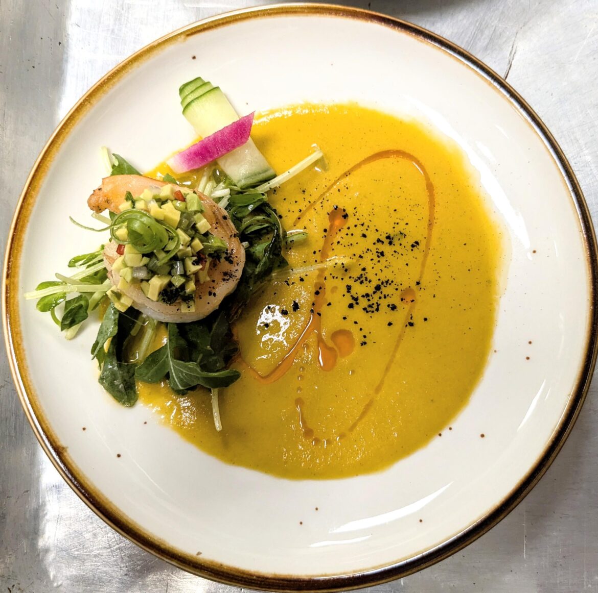 Shrimp, Cantaloupe-Habanero Gazpacho, Avocado Salsa