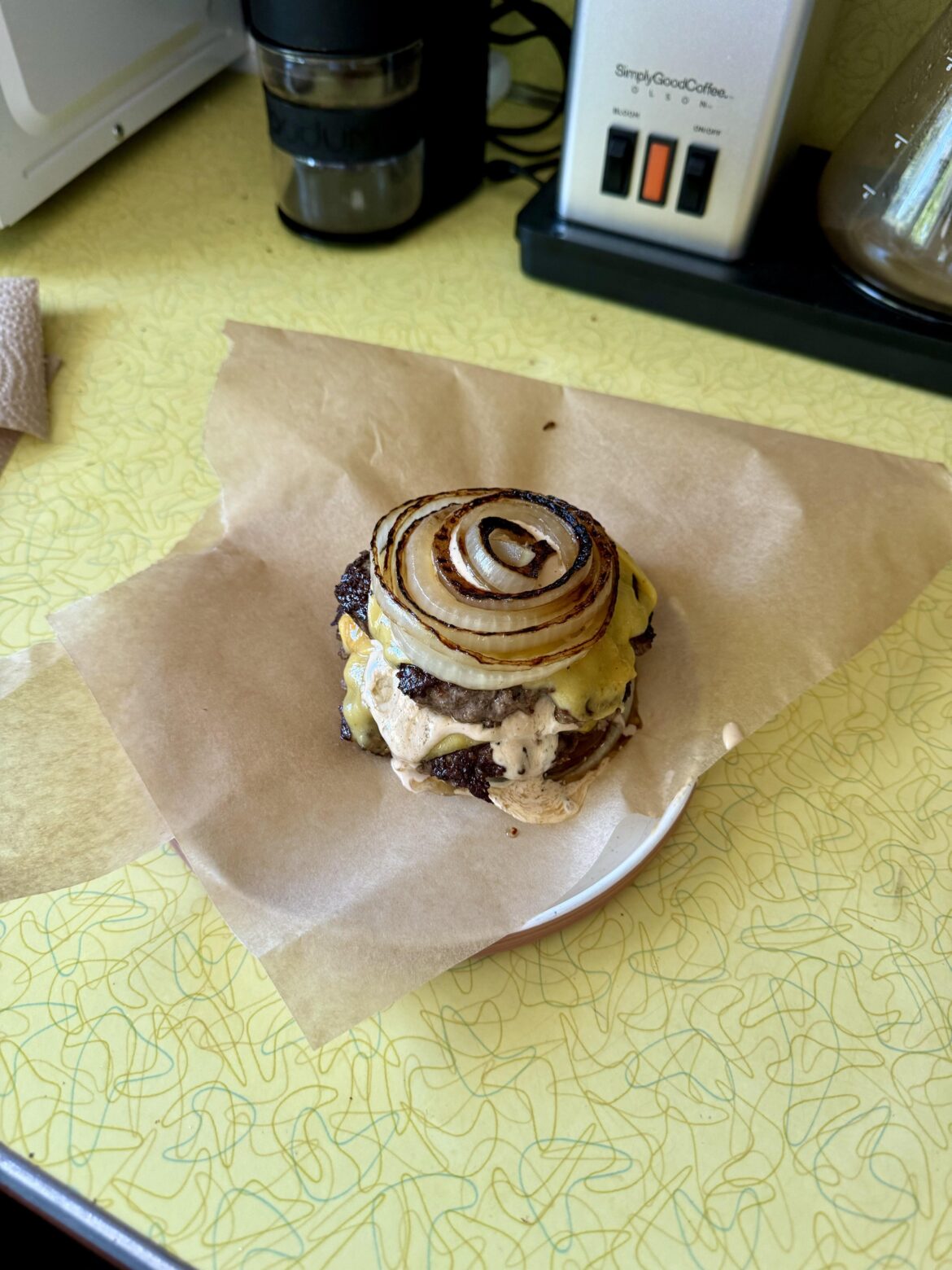 Grilled onion, burg, cheese, sauce, grilled onion, burg, cheese, sauce, grilled onion