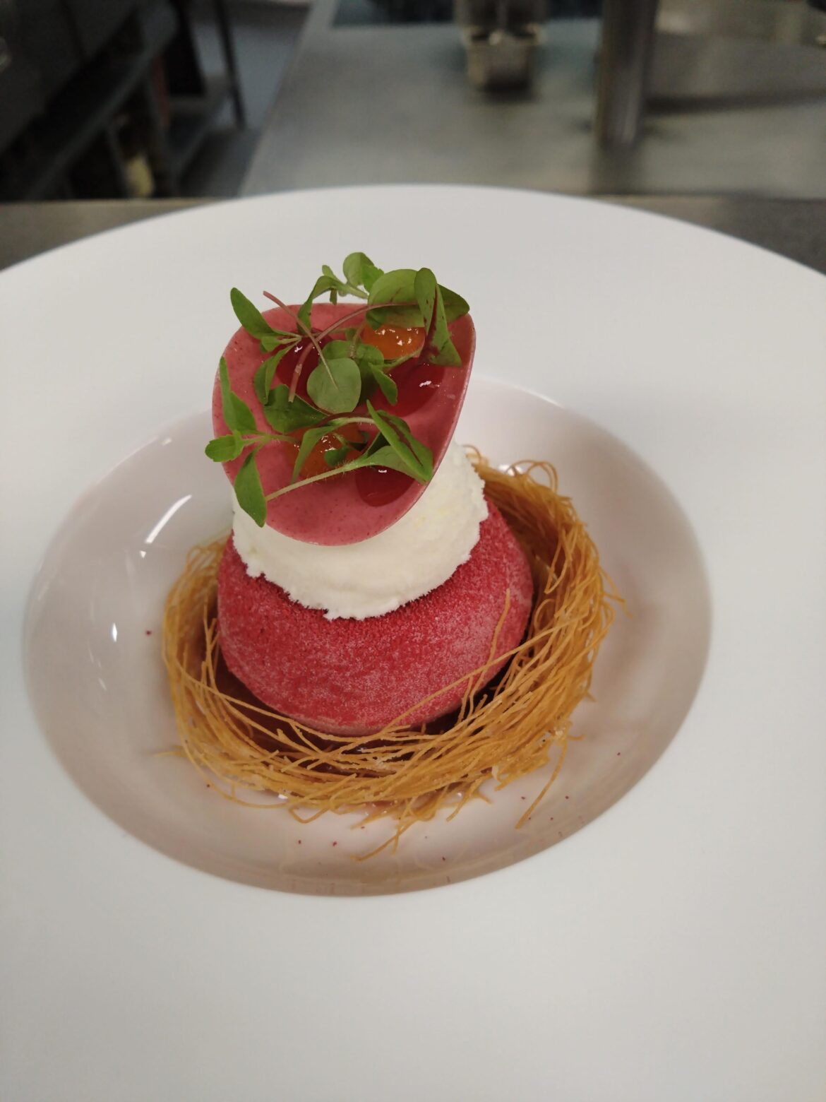 Strawberry-mousse, rhubarb-compote, kadaifi, yogurt-icecream, pink chocolate, strawberry-gel, yuzu-gel, lemoncress