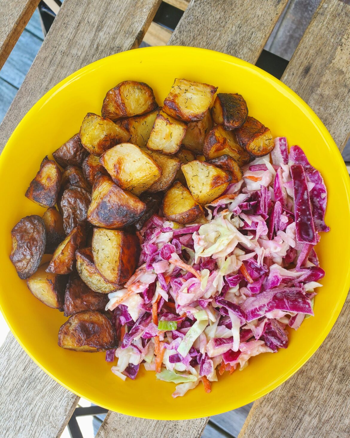 I have this (under 300 calorie) breakfast almost every day now: Roasted dill red potatoes and coleslaw