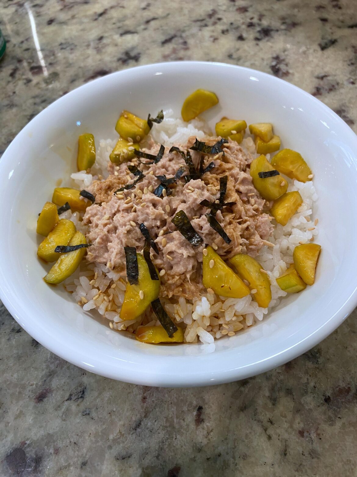 Tuna mayo rice bowl with soy sauce marinated cucumber Tuna mayo rice bowl with soy sauce marinated cucumber