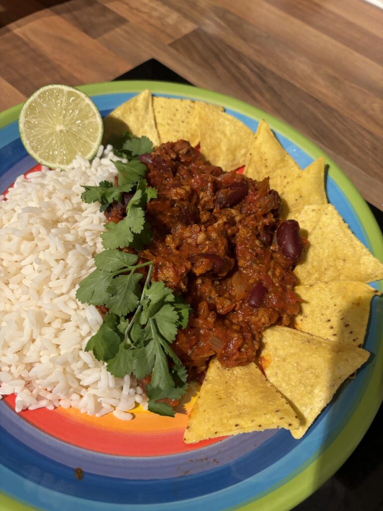 Chilli con carne with rice…chilli con carne with baked potato.