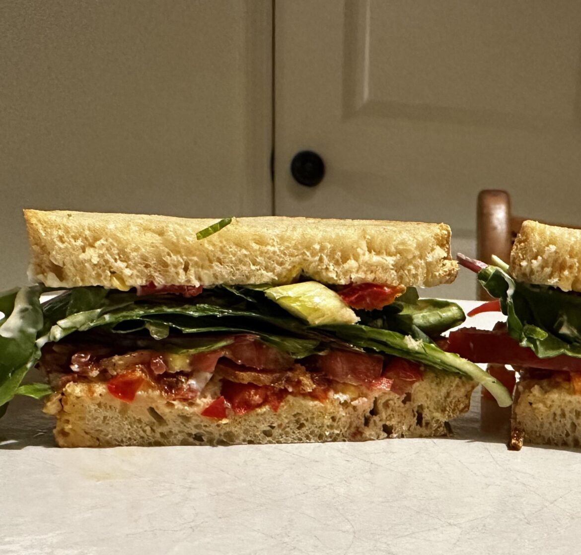 Summertime BLT. Added homemade hot pepper relish and fresh basil from my garden