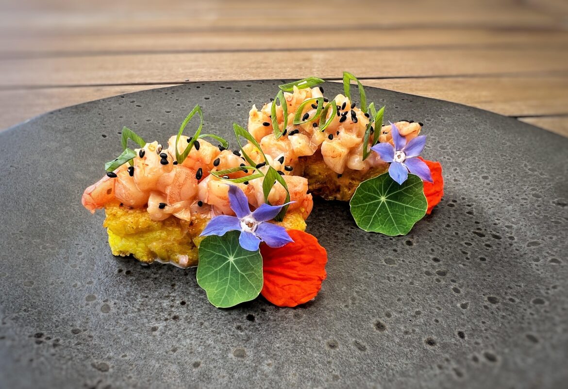 Crispy Saffron Rice Squares · Spicy "mayo" Tiger Prawn · Spring Onion, Borage and Nasturtium