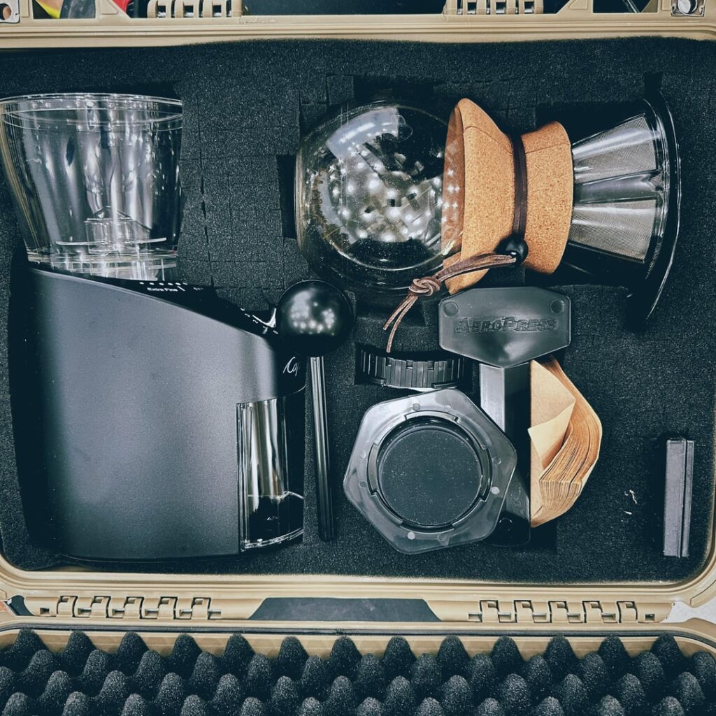 A little side project I’ve been working on.  I wanted a “travel kit”, but I’m not too excited about grinding coffee by hand first thing in the morning.