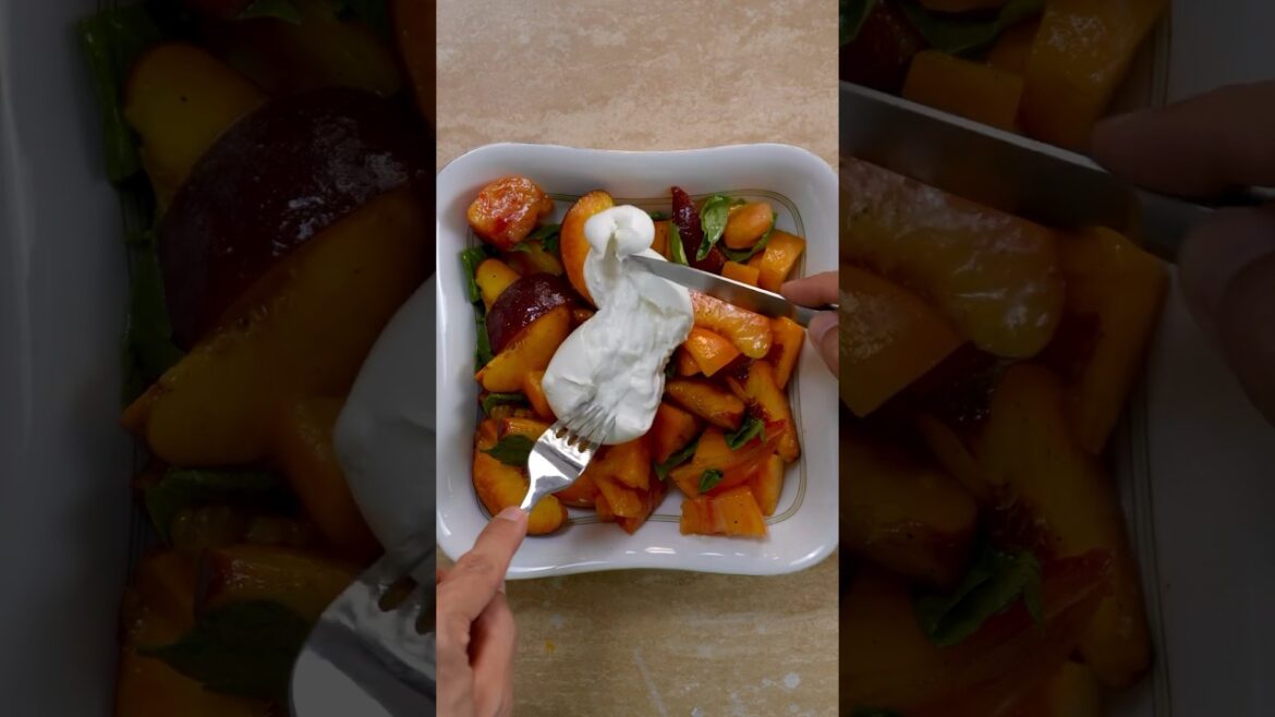 Peach & Tomato Salad with Burrata, one heavenly combination! #recipe #nocook #summersalad #italian Peach & Tomato Salad with Burrata, one heavenly combination! #recipe #nocook #summersalad #italian