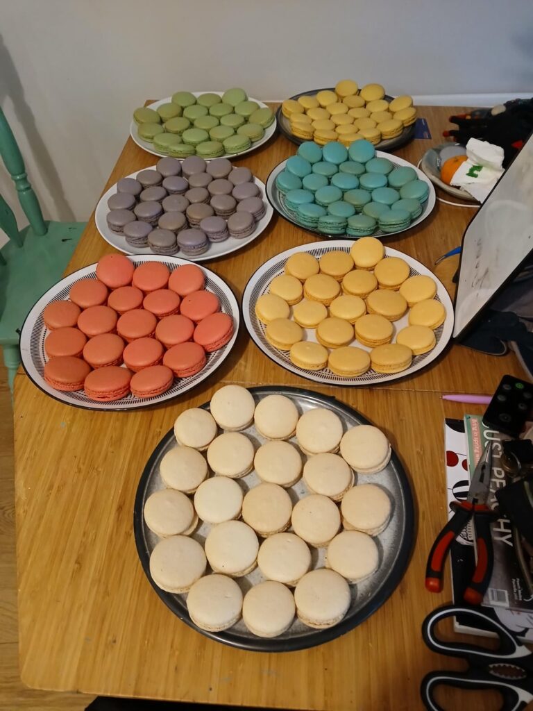 Made 300ish macaron shells to raise money for migraine awareness week. Have to fill them tomorrow. Funsies.