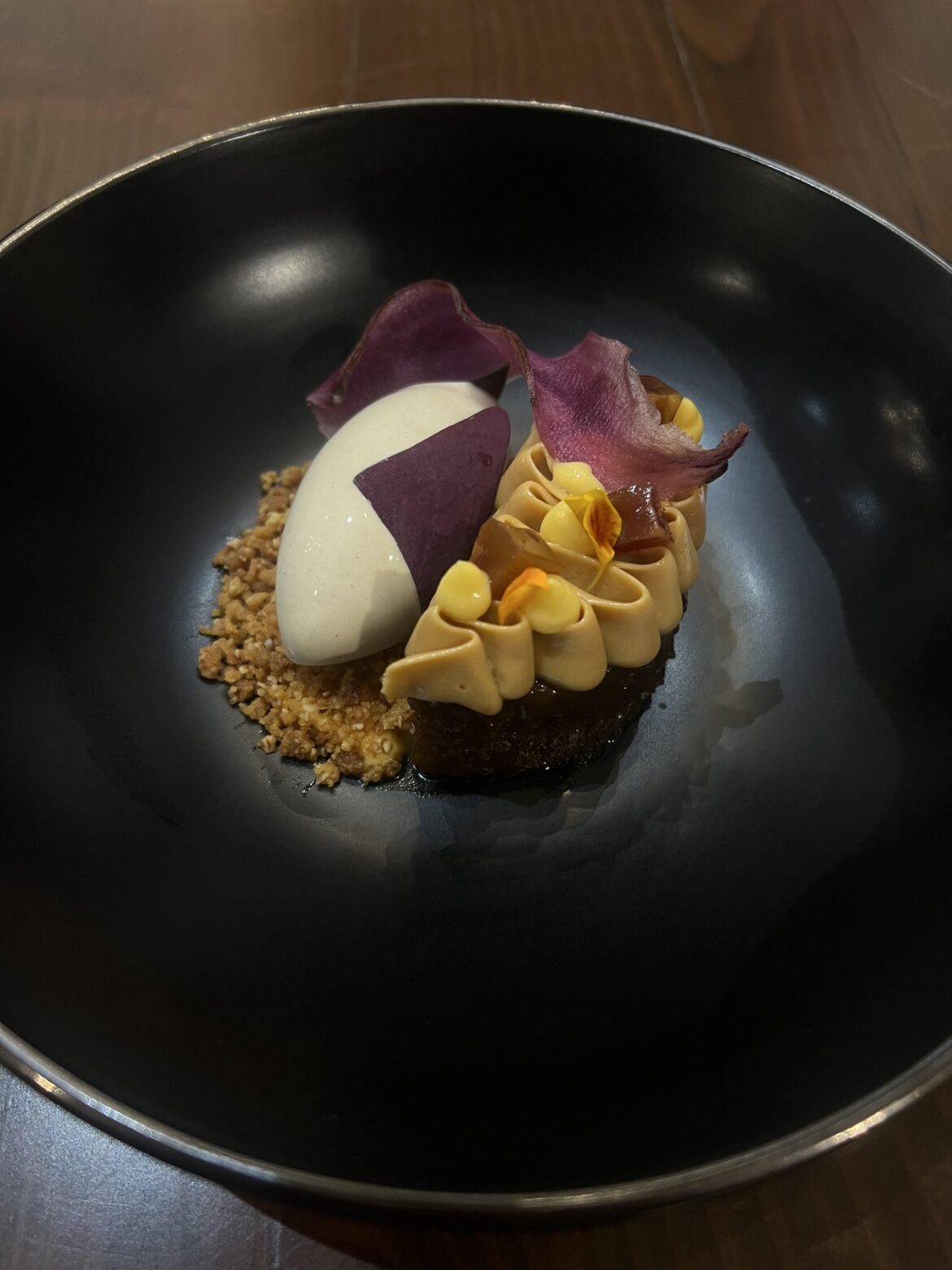 Sweet potato cake, caramelized white chocolate namelaka, calamansi curd, chestnut ice cream, glazed sweet potato