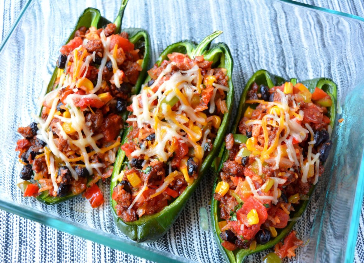 Stuffed poblano peppers. 161 cal, 9 g protein for each.