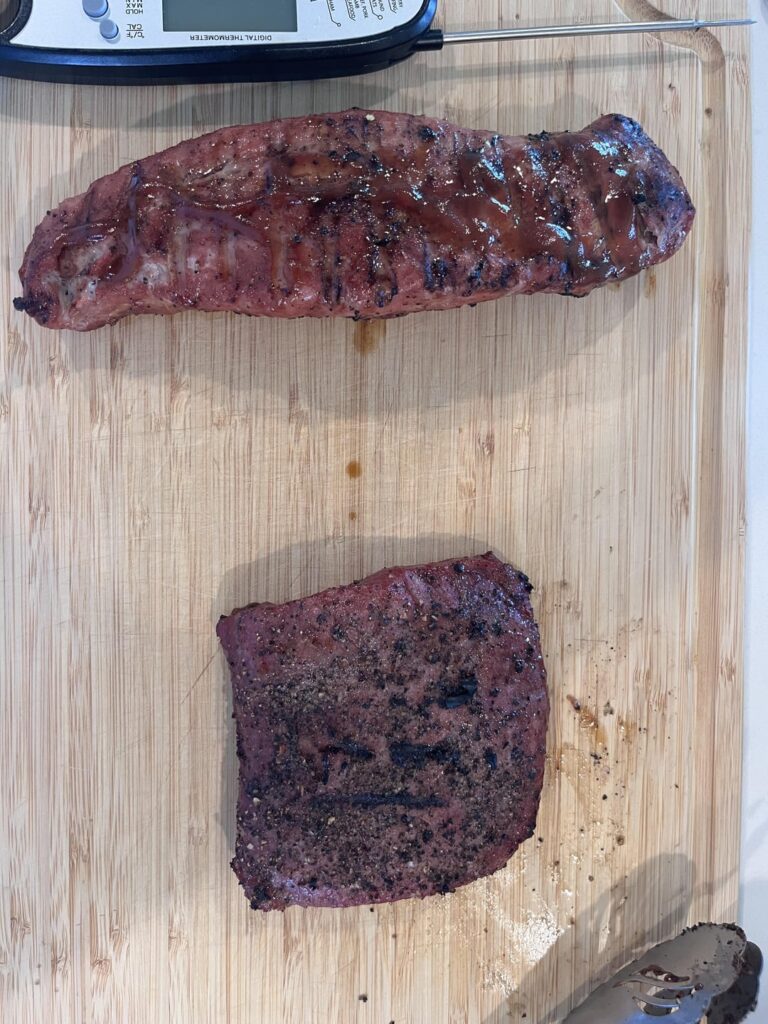 Bbq pork tenderloin and flat iron fresh off the pit boss, forget to take pics while they were on