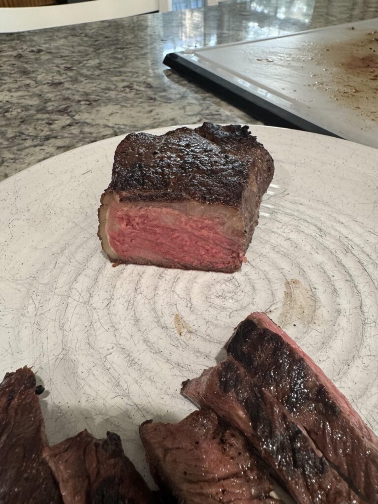 Sisters back at college and mom had an “emergency” so my dad and I cooked up a flap and strip steak to share. How’d we do?