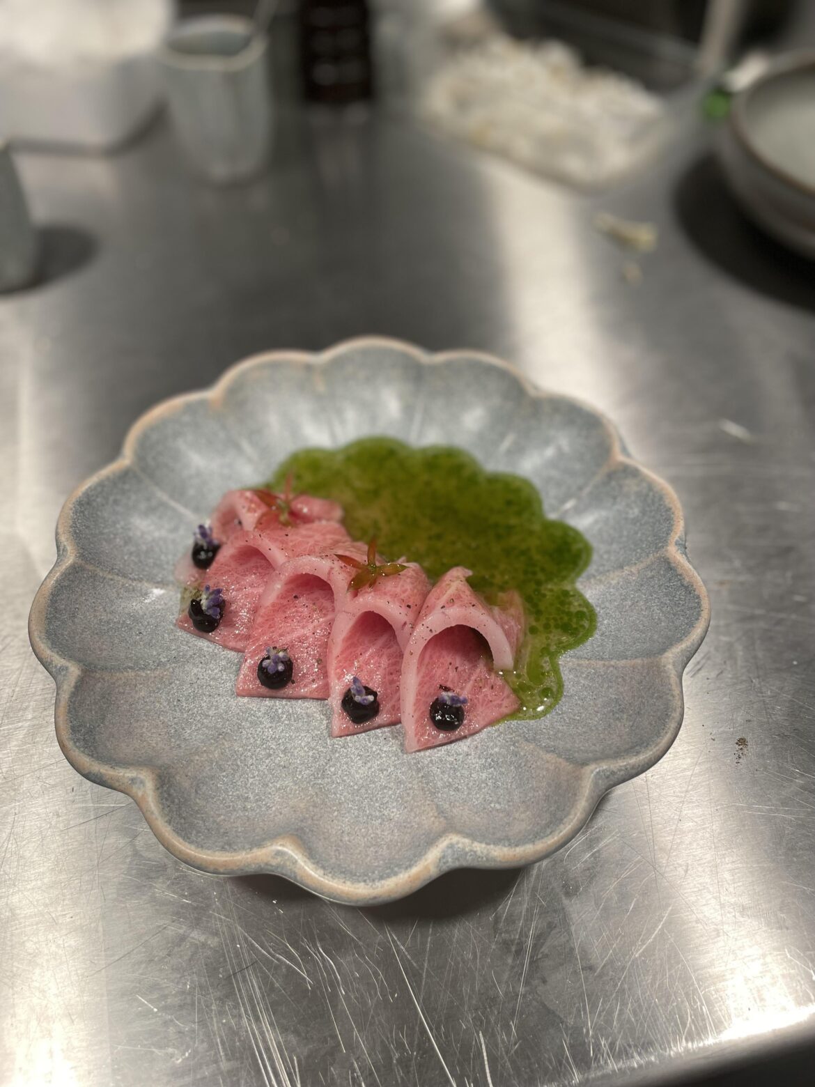 Dry aged o-toro and lacto fermented tomato