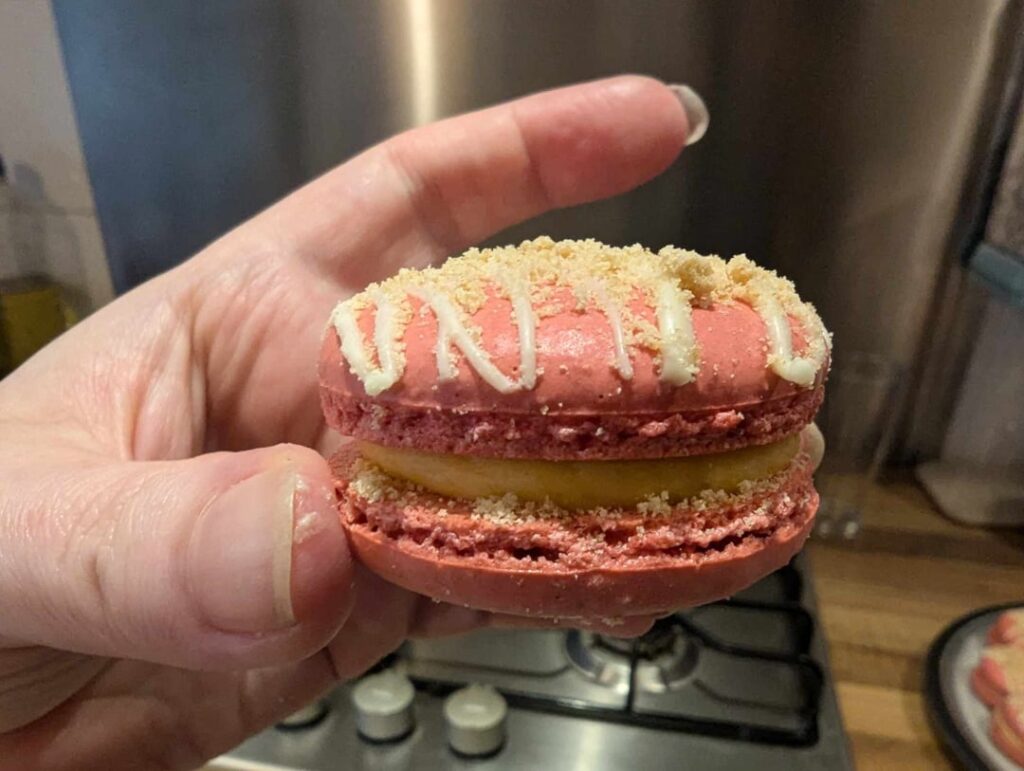 Rhubarb crumble and custard, and blackcurrant macs