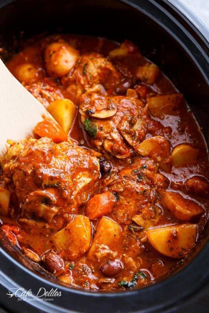 Stupid questions about this slow cooker Chicken Cacciatore recipe - does the 2tbsps of olive oil go in with the other ingredients or is it just to sear the chicken?