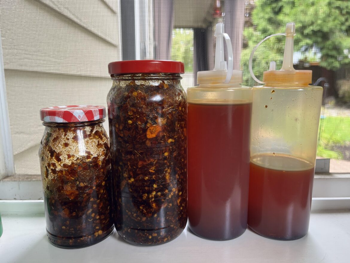 Eight shallots and a head of garlic later, we have a crunchy chili crisp and deeply flavored chili oil
