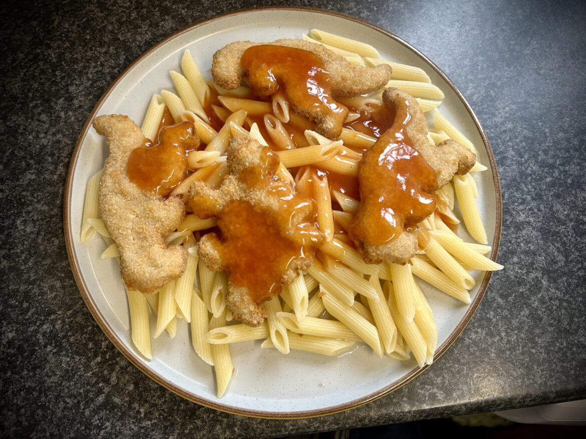 Iv got my kids into real cooking early but now and again, I let them create some shitty creations. Today’s mashup; sweet and sour dino nuggies pasta.