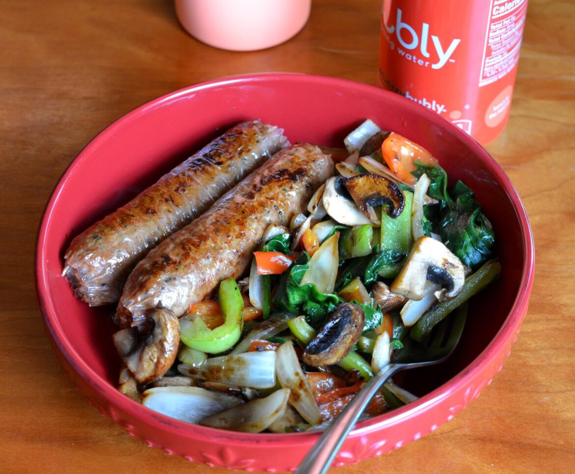 (392 cal, 30 P) Sausages with veggie stir fry