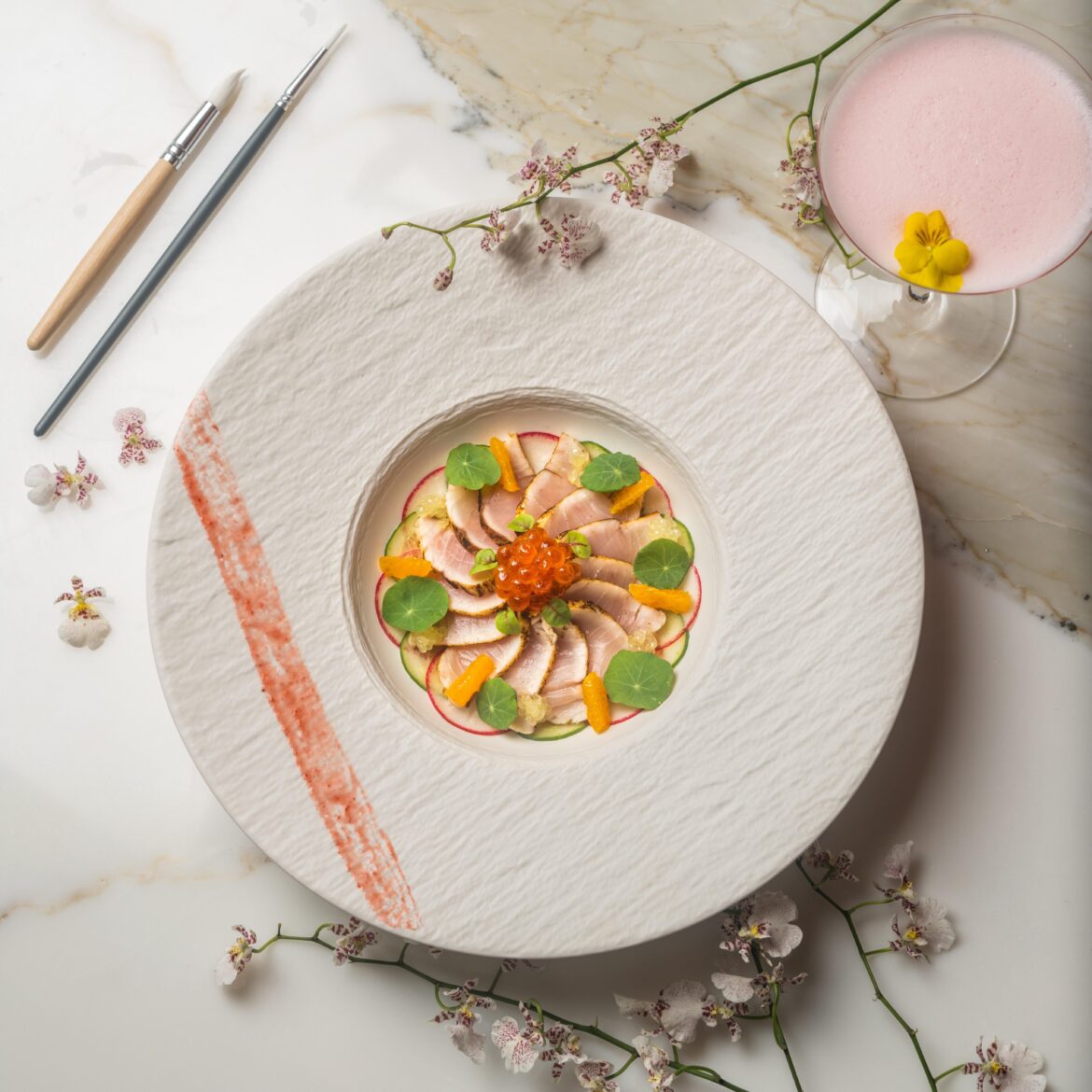 Hamachi, Okura, Finger Lime, Mandarin, Lychee & Sakura Gin Shrubb.