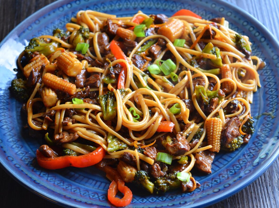 (392 cal, 44 P) Orange ginger "beef" stir fry noodles