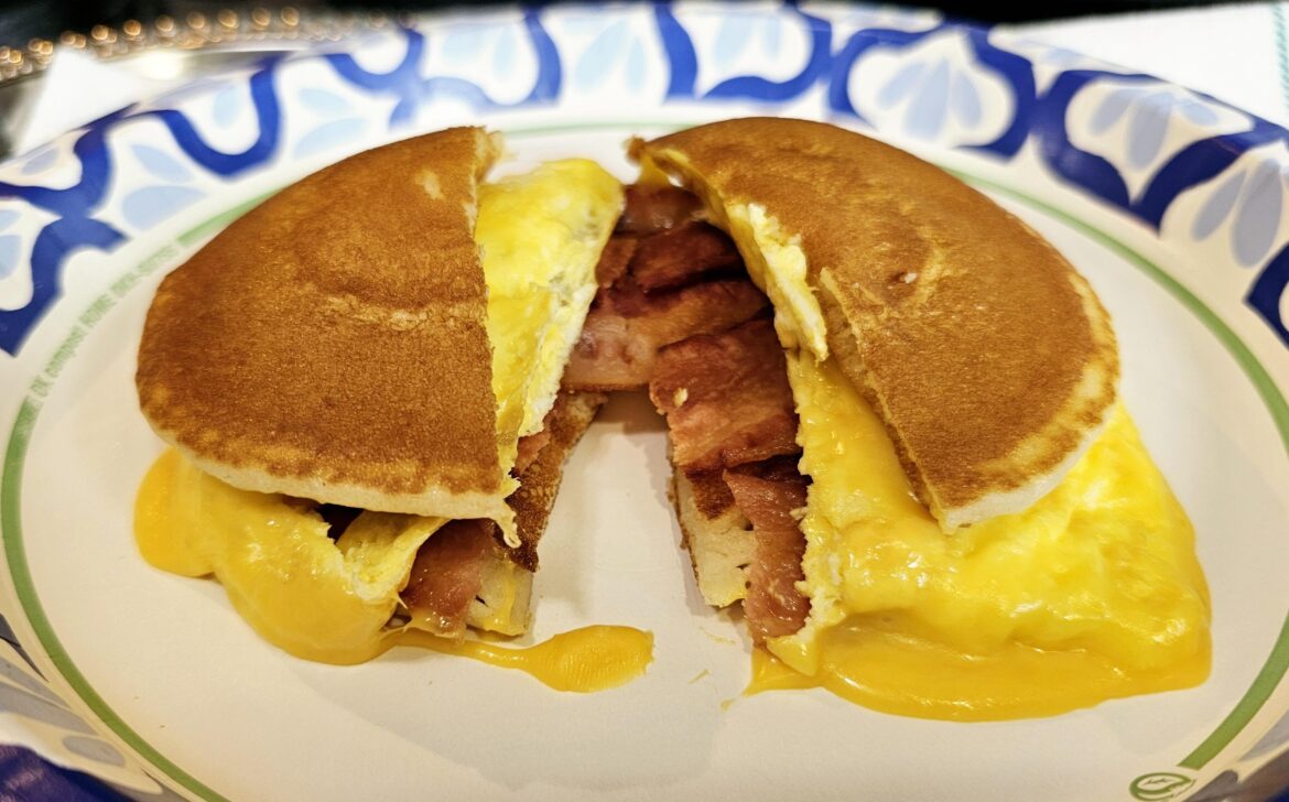Bacon egg and cheese pancake sandwich