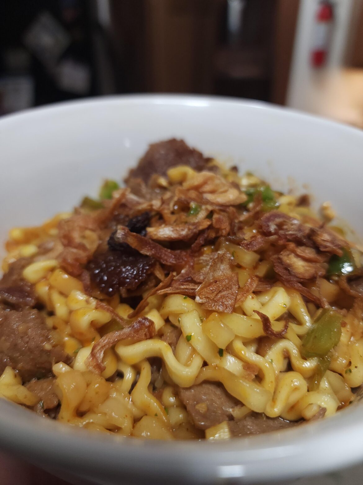 Buldak Carbonara with Steak-Um, Green Peppers, and Crispy Onions