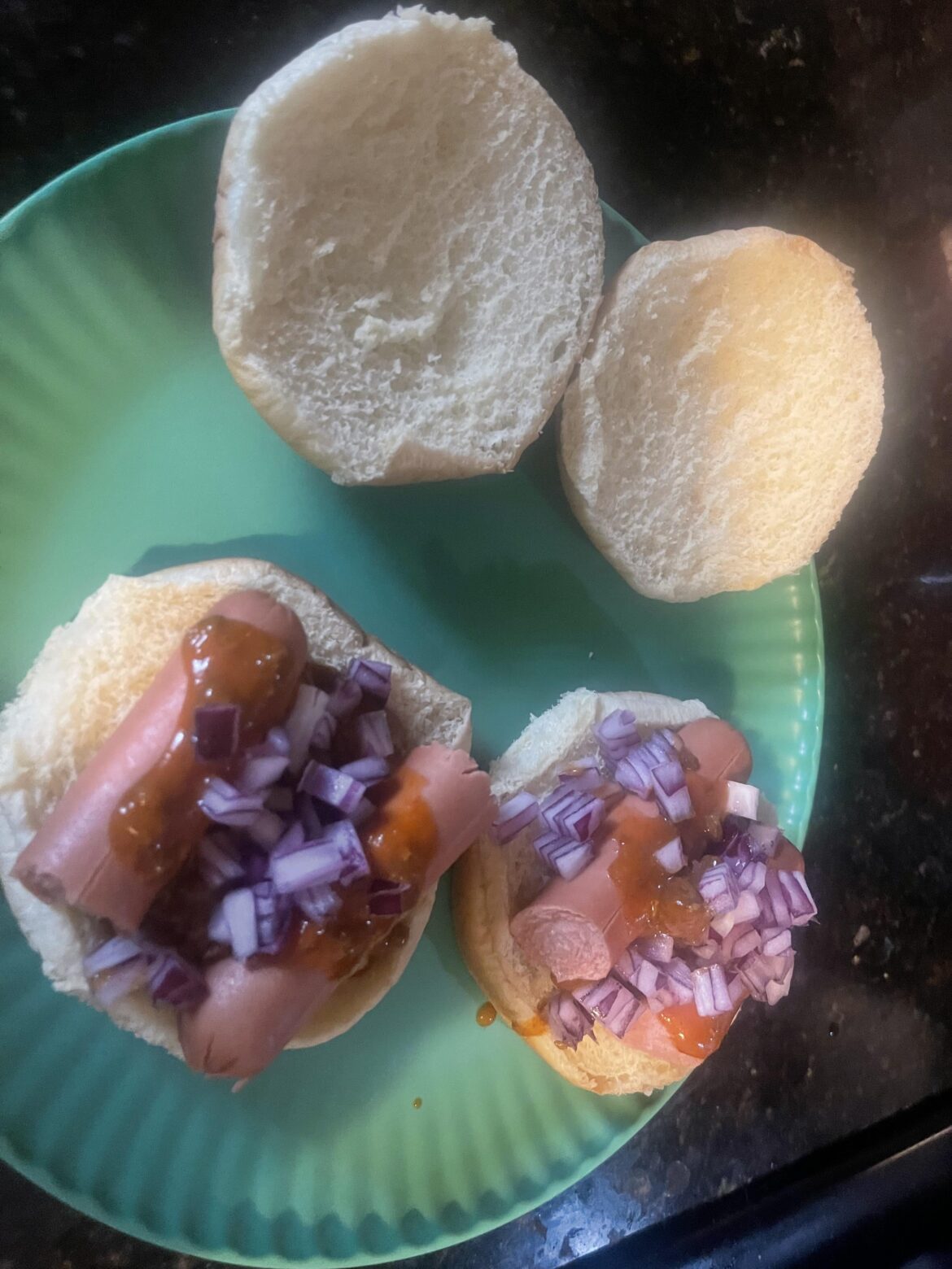 Ran out of hotdog buns improvised. But means you can add more onions