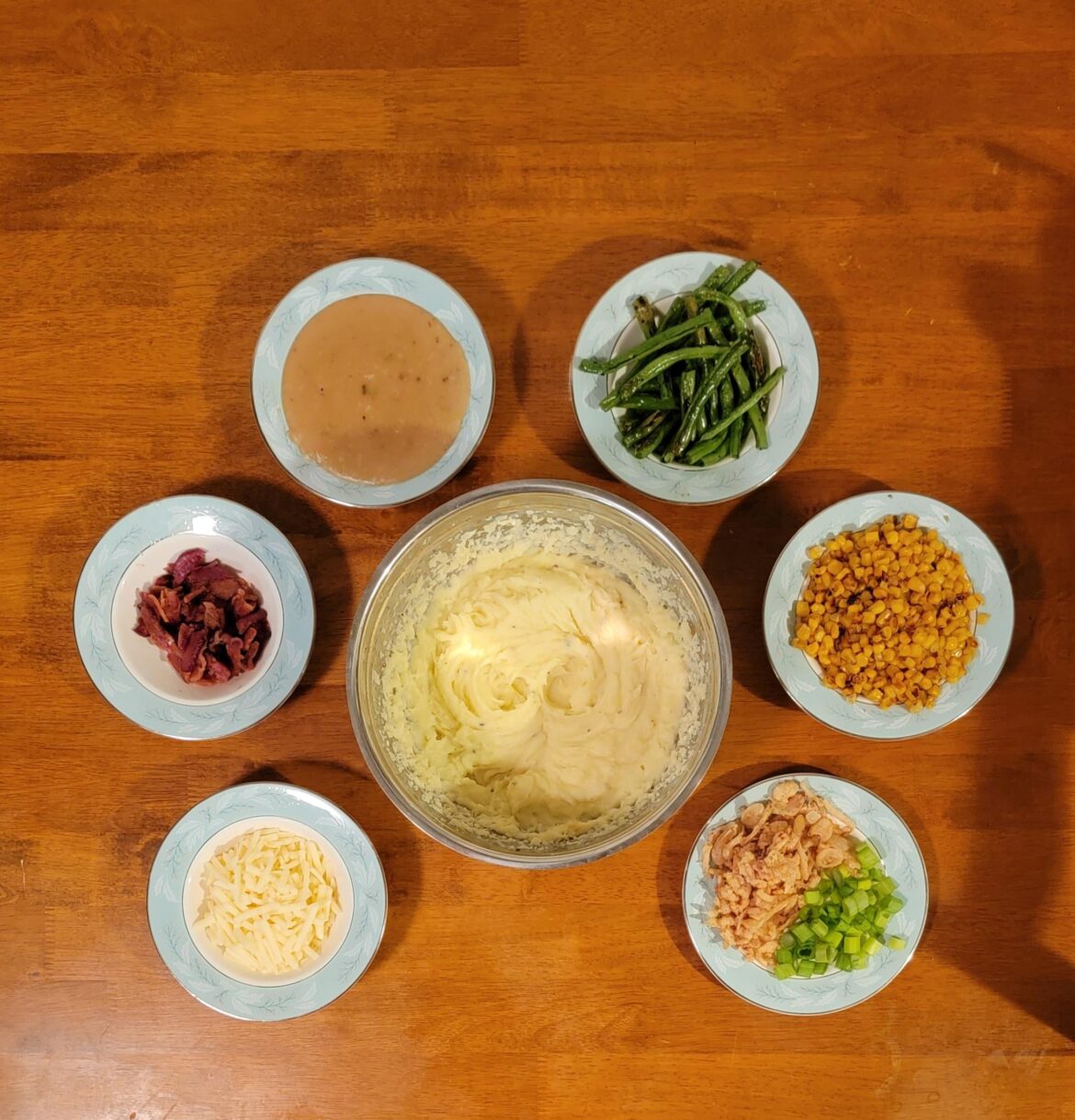 Loaded mashed potato bar. I had to use triple the amount of sent potatoes, but really enjoyed this one.