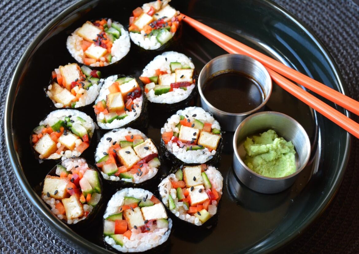 (33 g protein, 310 Cal) Teriyaki sushi rolls using fava bean tofu
