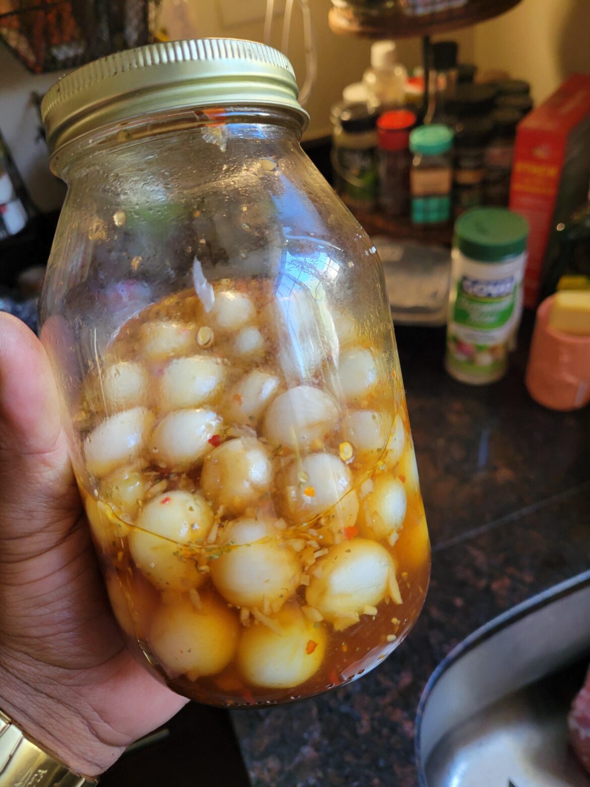 These little onions my mom is pickling.