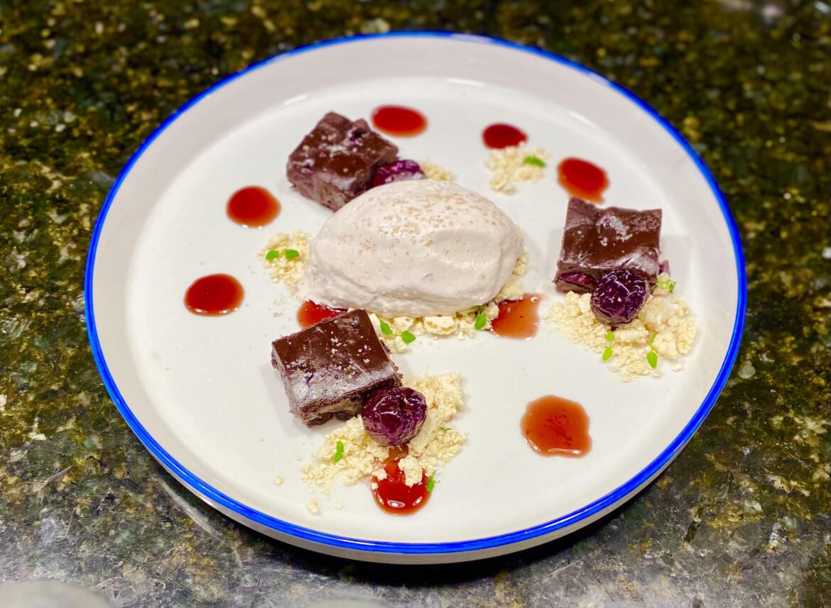 (v2) cherry cheong espresso brownies, cherry vanilla smoked oak ice cream, meringue crumble, thyme, merlot cold brew cherry sauce